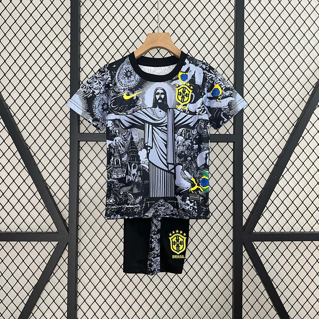2024 Brazil Special Edition Jesus Black Gray Soccer Jersey Kids Size